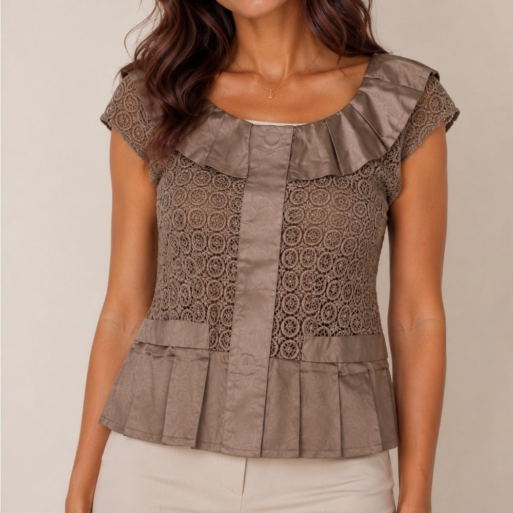 Anthropologie‎ Elevenses Brown Crochet Lace Peplum Top Snap Front Size 4